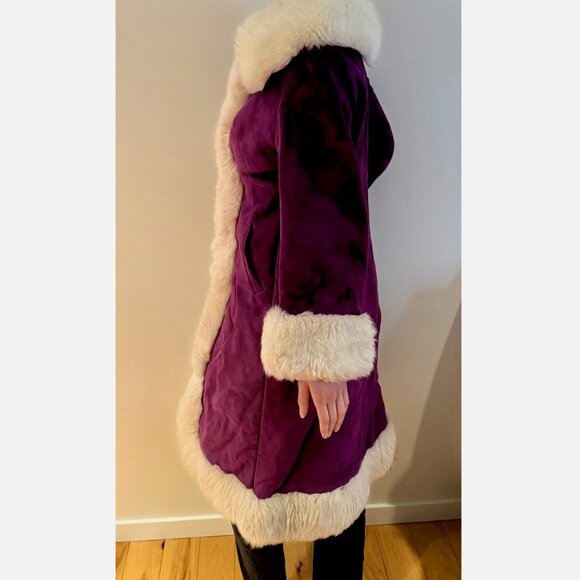 Purple Suede Sheepskin Shearling Leather Vintage Fur Penny Lane Long Maxi Coat S - Picture 6 of 12